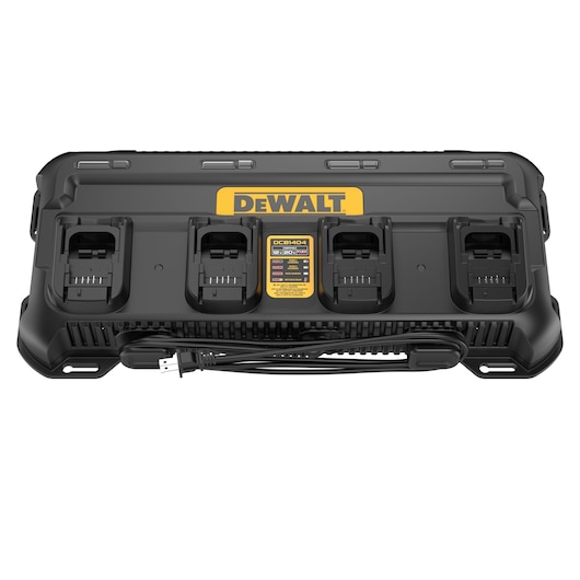 A DEWALT DCB1404 four-port battery charger, shown from the front with four charging slots and a power cord, used for charging multiple tool batteries simultaneously.