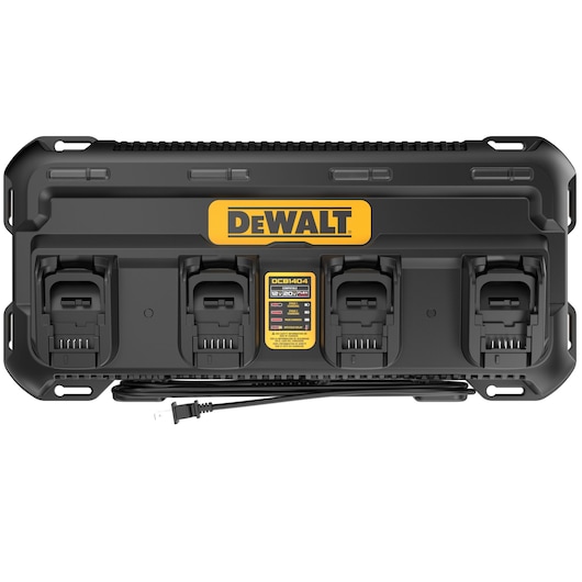 A DEWALT DCB1404 four-port battery charger for 12V and 20V batteries, shown from the top with four charging slots and a power cord.