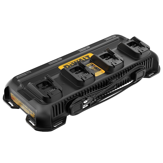 A DEWALT multi-port battery charger with four charging slots, designed for charging power tool batteries. The charger is black with yellow DEWALT branding, and features a wrapped power cord.