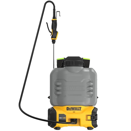 Front view of a DEWALT 18V XR battery-powered sprayer with a grey tank, yellow base, and attached black spray wand and handle.