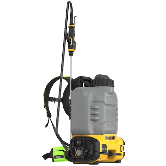 A DEWALT branded backpack sprayer with a large grey liquid tank, black spray wand, and yellow and black base. The sprayer has padded shoulder straps for carrying and features an 18V XR battery compartment, designed for professional use.