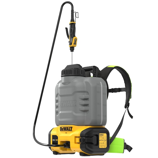 A DEWALT branded backpack sprayer with a grey tank, black and yellow base, and black hose with spray handle. The sprayer has padded shoulder straps for carrying.