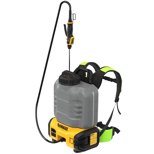 A DEWALT 18V sprayer backpack featuring a large grey tank, adjustable shoulder straps with bright green padding, a yellow base, and a long spraying wand with a handle.