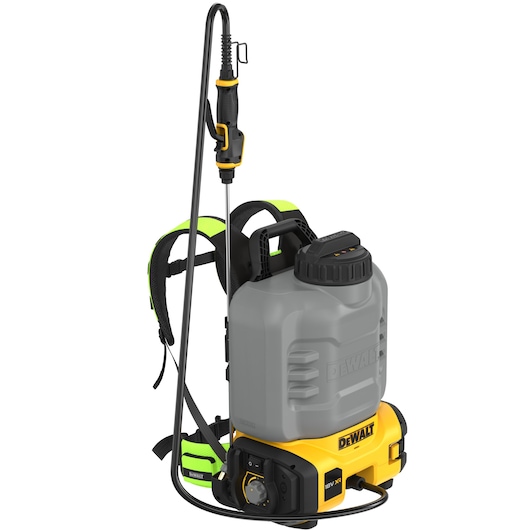 A DEWALT-branded cordless backpack sprayer with a grey tank, black and yellow base, and shoulder straps. The sprayer features a long hose and trigger handle.