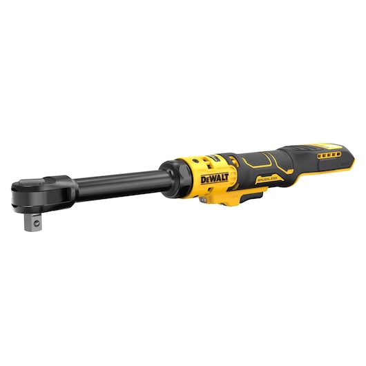 A DEWALT cordless ratchet wrench with a black and yellow design, featuring a compact brushless motor and ergonomic handle.