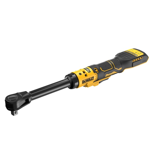A DEWALT cordless ratchet tool with a black and yellow design, featuring a long handle and brushless motor label, shown isolated on a white background.