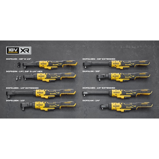 A product comparison lineup featuring eight DEWALT cordless ratchets from the 18V XR brushless range. Each tool is labeled with its model number and specification, showing variations in head sizes and extended versions. The models include DCF510N, DCF520N, DCF512EN, DCF512N, DCF513EN, DCF513N, DCF514EN, and DCF514N, arranged on a grey background.