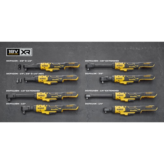 A lineup of eight DEWALT cordless ratchets and tools displayed on a gray surface, showing various models including DCF510N, DCF520N, DCF512EN, DCF513EN, and DCF514EN with different drive sizes and extended versions. All products are black and yellow, marked with 18V XR Brushless branding in the top left corner.