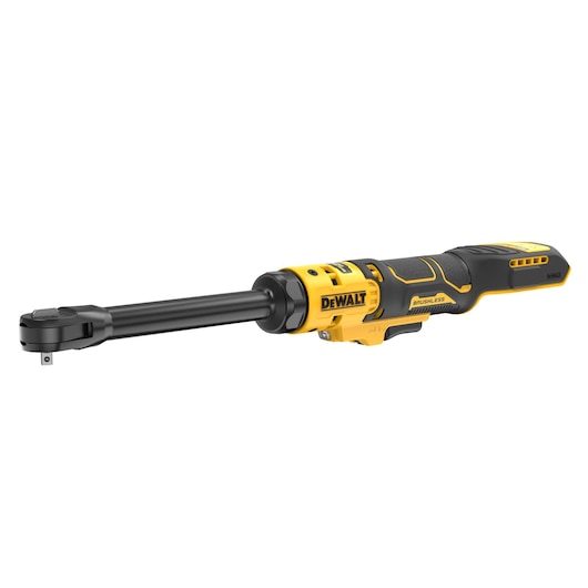 A DEWALT cordless brushless ratchet tool with a long black shaft and yellow and black handle, displayed on a white background.