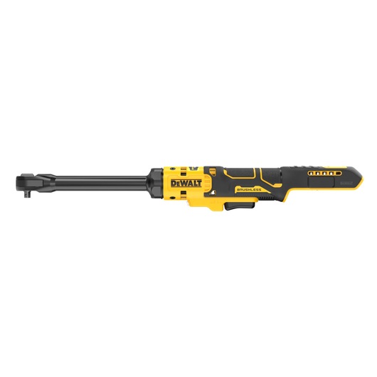 A DEWALT brushless cordless ratchet tool, featuring a yellow and black design with an elongated handle and compact head.