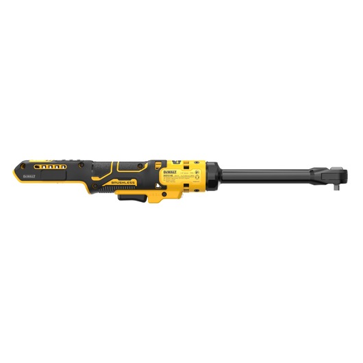 A DEWALT cordless brushless ratchet tool with a long handle and a yellow and black design, model DCF514EN, shown on a white background.