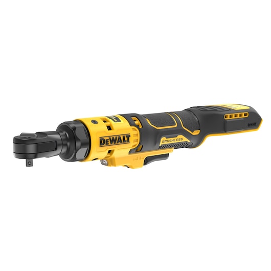 A DEWALT brushless cordless ratchet tool with a yellow and black design, featuring a compact handle and a rotating head attachment.