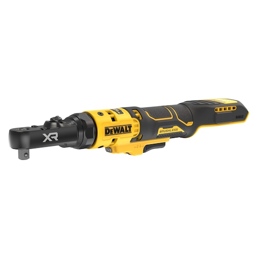A DEWALT cordless brushless ratchet tool, model DCF520N-XJ, featuring yellow and black colors and labeled XR on the head. The tool is designed for tightening and loosening nuts and bolts.