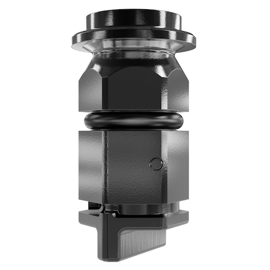 A close-up image of a metallic industrial component with a hexagonal middle section, a circular top, and a black ring around its center. The object is shown against a white background.