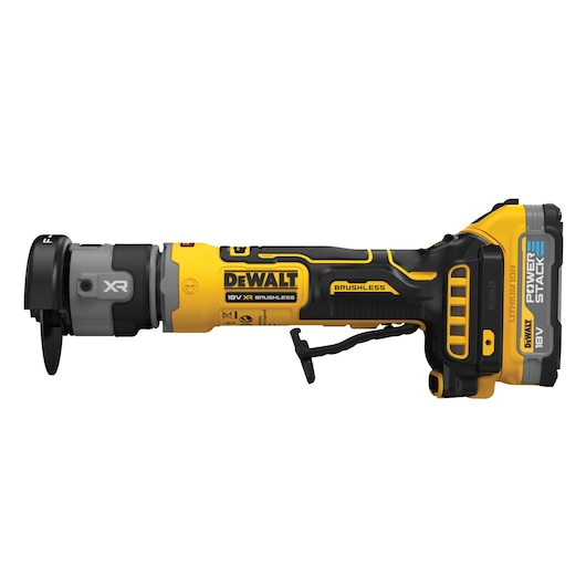 A DEWALT 18V XR brushless cordless die grinder, featuring yellow and black color detailing, with a POWERSTACK lithium-ion battery attached on the right side. The tool is shown from a side view against a white background.