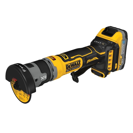 A DEWALT-branded cordless angle grinder, featuring yellow and black casing, a brushless motor, and an 18V battery pack. The tool includes a side guard and is designed for cutting and grinding tasks.
