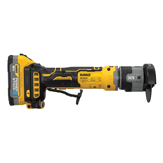 A DEWALT DCG430E2T cordless brushless power tool, featuring an 18V lithium-ion battery and a compact, ergonomic yellow and black design. The tool includes a disc attachment at the front and labeled specifications on the side.