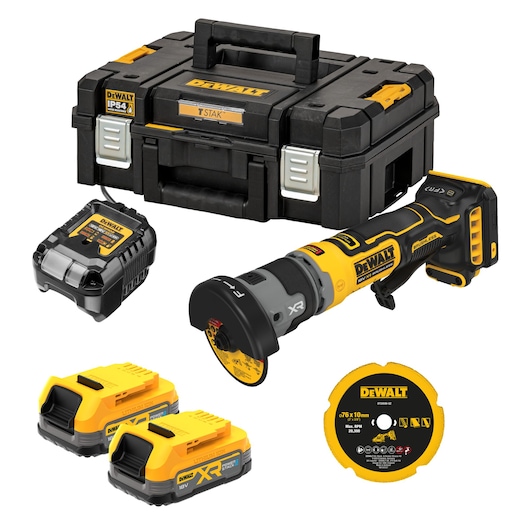 DEWALT DCG430E2T cordless cutting tool set including a black and yellow power tool, two rechargeable batteries, a charger, a cutting disc, and a sturdy black carrying case.