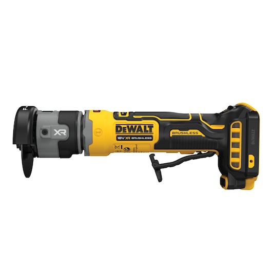 A DEWALT 18V XR Brushless cordless cut-off tool, shown in a side view. The tool is yellow and black, with a safety guard on the cutting end and ergonomic controls on the handle.