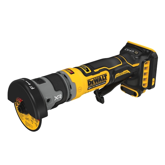 A DEWALT DCG430N cordless brushless grinder with an 18V XR battery system, featuring a yellow and black design. The tool is shown from a side angle with a safety guard and grinding disc attached.