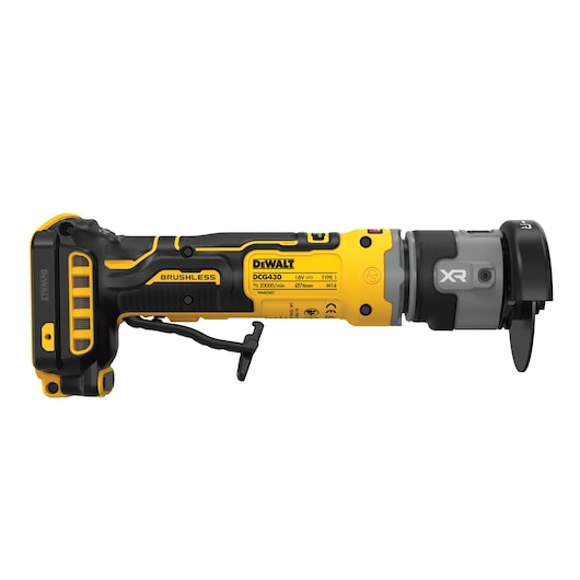 A DEWALT DCG430N 18V XR brushless angle grinder, featuring a yellow and black design, with visible product labels, battery slot, and grinding disc attachment.