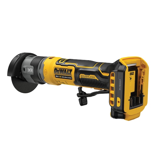 A DEWALT cordless brushless grinder tool in yellow and black, shown without a battery attached. The model visible is DCG430N, featuring a protective guard around the grinding disc.
