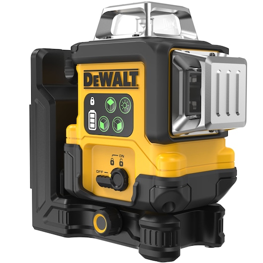 A DEWALT branded yellow and black rotary laser level with control buttons and dials, designed for precise leveling and measuring in photography and construction.