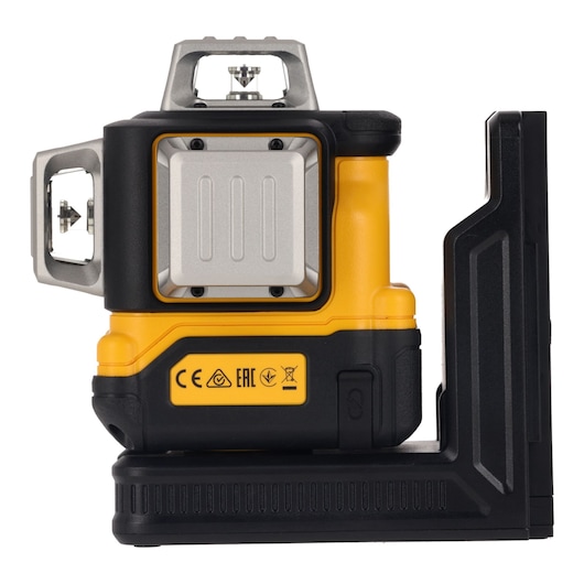 A DEWALT branded yellow and black laser level device with multiple control buttons and a locking switch, designed for precise leveling and alignment tasks.