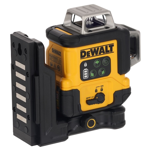 A DEWALT branded laser level tool with a yellow and black body, featuring control buttons, battery indicator, and protective metal housings around the laser components.