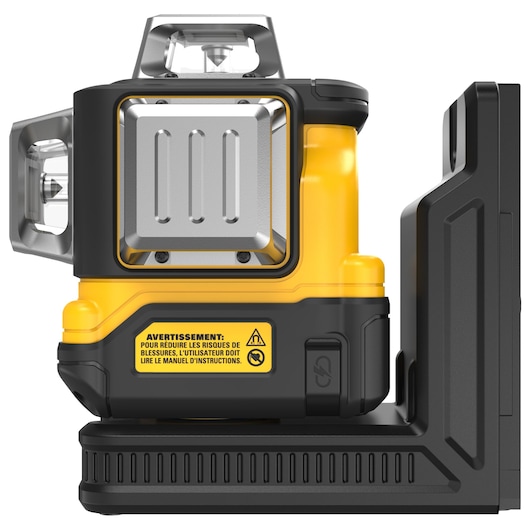 Side view of a DEWALT DCLE14361GB laser level, featuring a yellow and black body with metallic components and a sturdy base. The device has warning labels and is used for precise leveling and alignment in photography and construction.
