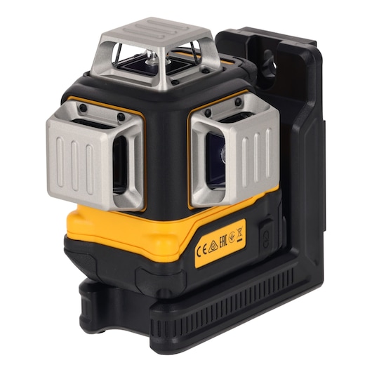 A DEWALT branded electronic device, identified as model DCLE14361GB, featuring a black and yellow casing with metallic panels and a protective base. The device appears to be a professional laser level tool used in photography and construction for precise alignment.