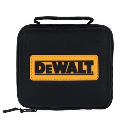 A black rectangular DEWALT carrying case with a handle and a yellow DEWALT logo patch on the front. The case is closed with a zipper and designed for storing or transporting tools or accessories.