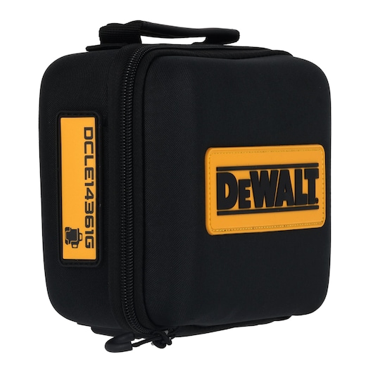 A black DEWALT-branded carrying case with a yellow and black logo on the front, featuring the SKU DCLE14361GB printed on the side in yellow. The case has a handle and zipper closure, designed for photography equipment.