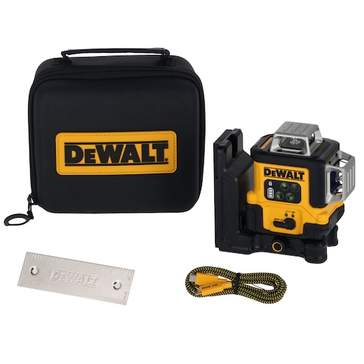 A DEWALT photography product set including a black and yellow carrying case with the DEWALT logo, a yellow and black laser level device, a metal ruler, and a yellow and black USB charging cable.