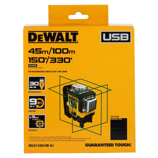 Front view of a DEWALT product box for a USB rechargeable green 3x360° line laser, model DCLE14361GB-XJ, showing key features including a range of up to 100 meters, 30-minute rechargeable battery, 9-hour runtime, and ±3mm at 10m accuracy. The box is yellow and black, includes product images and icons, and mentions a carrying case.