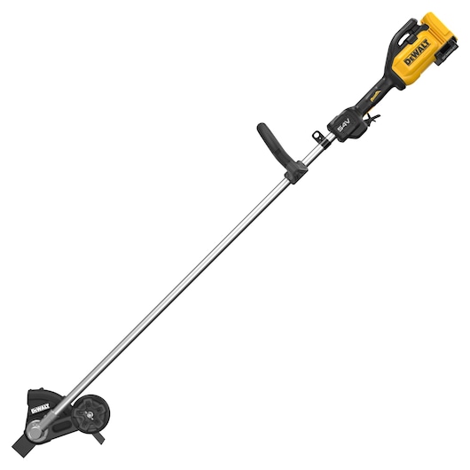 A DEWALT cordless lawn edger with a yellow and black handle, long silver shaft, and a black blade guard and wheel at the end.