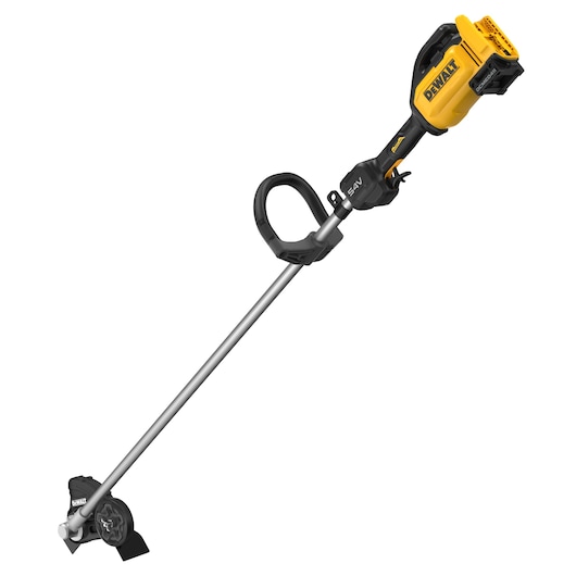 A DEWALT cordless electric string trimmer with a yellow and black motor housing, black handle, and a long metal shaft, designed for landscaping and garden maintenance.