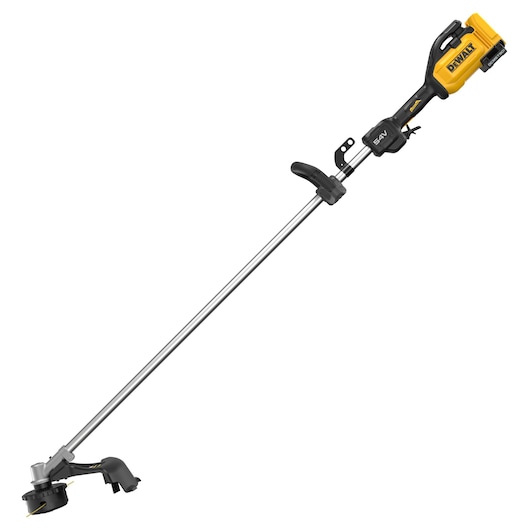 A DEWALT cordless string trimmer with a yellow and black motor housing, a long straight shaft, and a cutting head at the end, designed for garden and lawn maintenance.