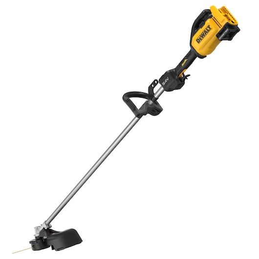 A DEWALT cordless string trimmer with a yellow and black design, featuring a straight shaft and a protective guard over the cutting head.