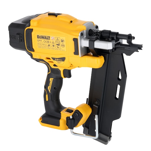DEWALT DCN910 cordless yellow nail gun with black handle and magazine, shown on a white background.