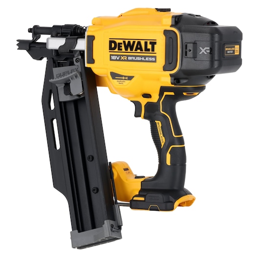 DEWALT 18V XR brushless cordless nailer with ergonomic handle and duplex nail feature.