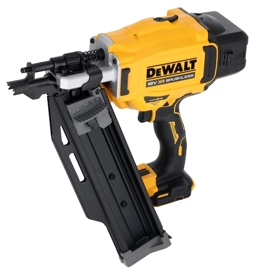 DEWALT 18V XR Brushless nail gun with black magazine, angled side view on white background.