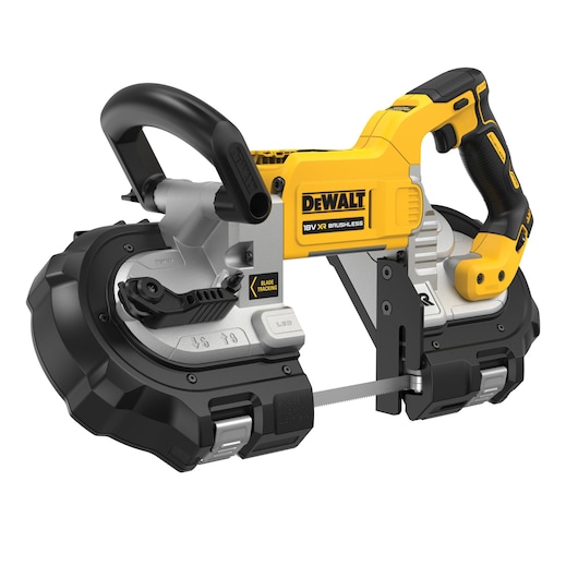 DEWALT DCS374N cordless 18V XR brushless bandsaw with a black and yellow design, ergonomic handles, and visible blade suitable for precision cutting tasks.