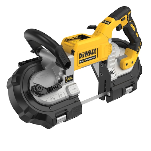 A DEWALT 18V XR brushless portable band saw with a yellow and black design, featuring a handle, blade guard, and LED indicator.