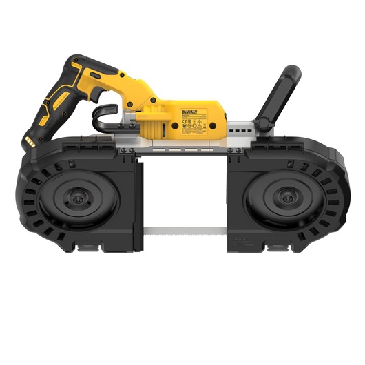 A DEWALT cordless portable band saw with a yellow and black design, featuring a handle and trigger on the left side and a large cutting blade in the center, shown on a white background.