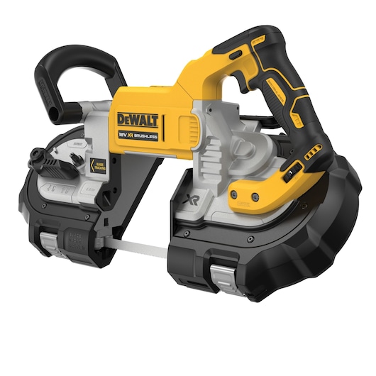 A DEWALT 18V XR Brushless cordless band saw, featuring a yellow and black ergonomic design, with visible handles and adjustment knobs.