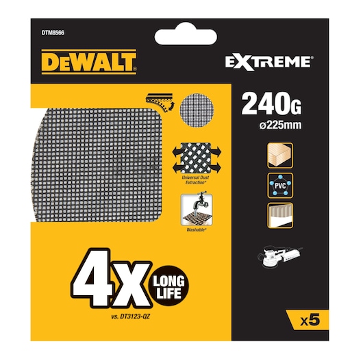 Front packaging of DEWALT Extreme sanding mesh, model DTM8566, showing a 240 grit, 225mm diameter sanding mesh. The packaging highlights features such as universal dust extraction, washability, suitability for wood, PVC, and plasterboard, and claims to offer four times longer life compared to another DEWALT product. Contains 5 mesh pads.
