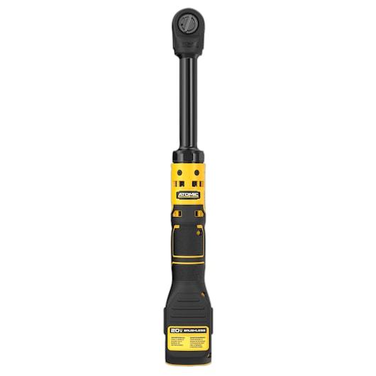 A DEWALT 20V Atomic brushless cordless ratchet tool with a yellow and black design is shown standing upright against a white background.